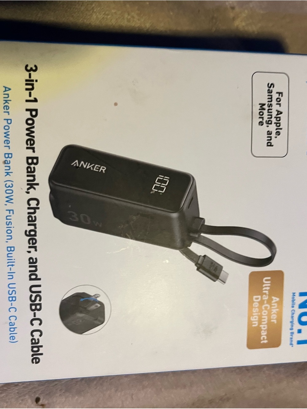Anker 3-in-1 30W Power Bank Charger with Built-in Cable - Black